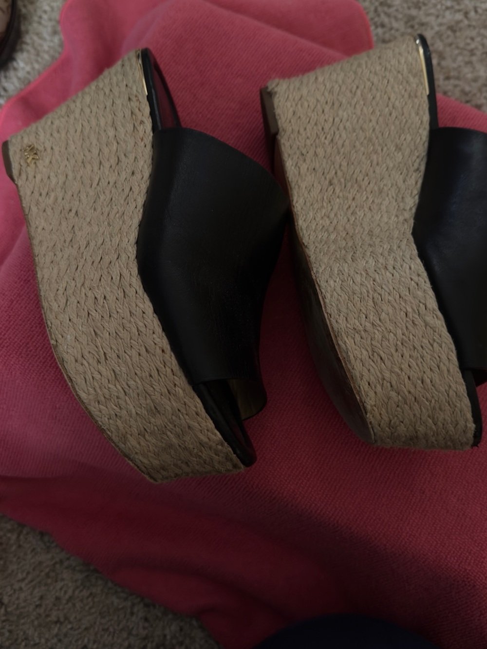 Michael Kors Black Leather Espadrille Wedge Slides
